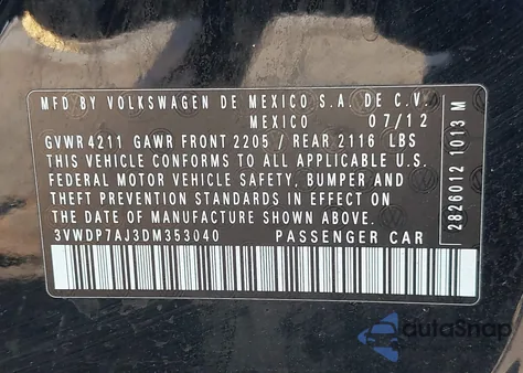 2013 Volkswagen Jetta 2.5L Se z USA, uszkodzony, nr VIN 3VWDP7AJ3DM353040